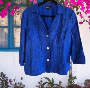 Lovely JONES NEW YORK Royal Blue Lightweight Linen Crinkle Button-down Jacket